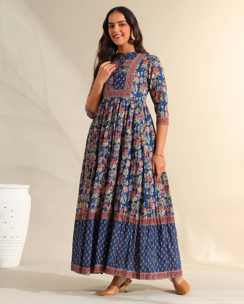 Ziva indigo botanical anarkali dress