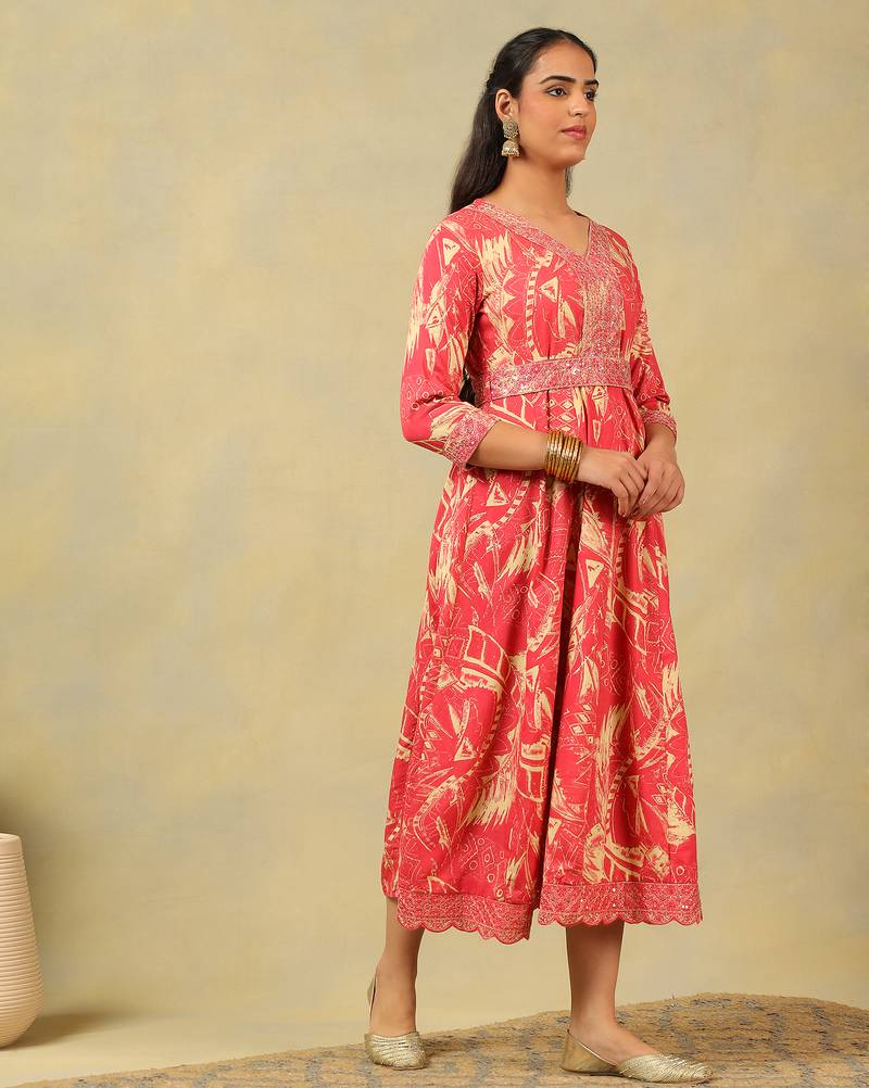 Anvi crimson abstract bloom gown