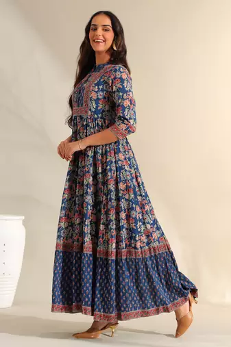 Ziva indigo botanical anarkali dress