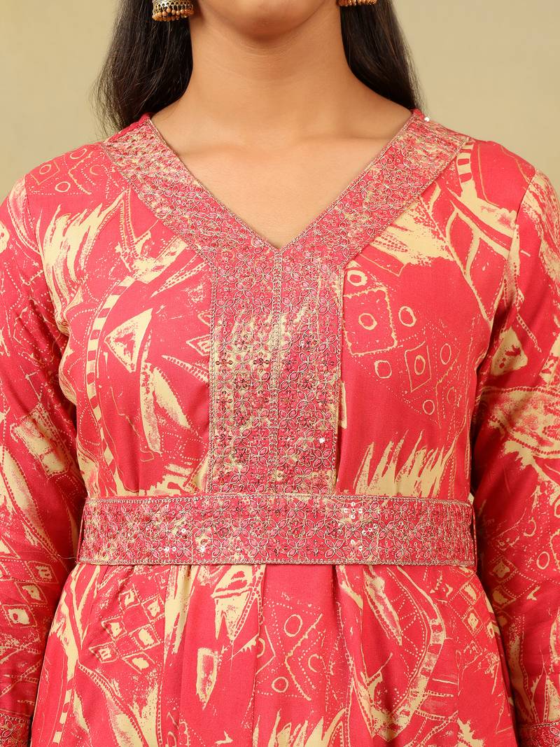 Anvi crimson abstract bloom gown