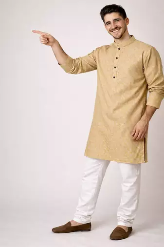 Beige color jaquard butti work jaquard silk kurta payjama set