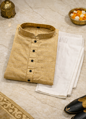 Beige color jaquard butti work jaquard silk kurta payjama set 5