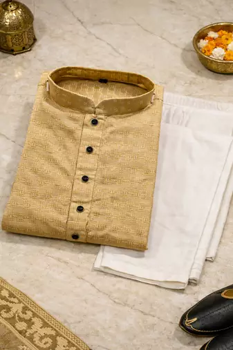 Beige color jaquard butti work jaquard silk kurta payjama set