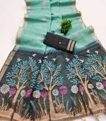 Teal Color  Meenakari  Weaving touchup Work Muga Cotton Saree 