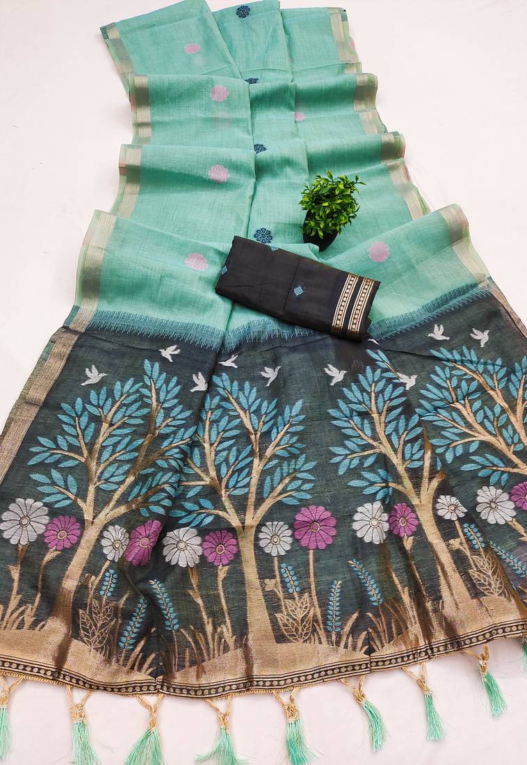 Teal Color  Meenakari  Weaving touchup Work Muga Cotton Saree 