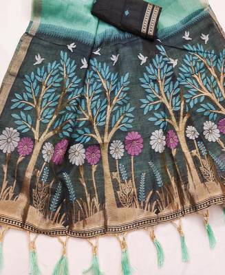 Teal Color  Meenakari  Weaving touchup Work Muga Cotton Saree  2
