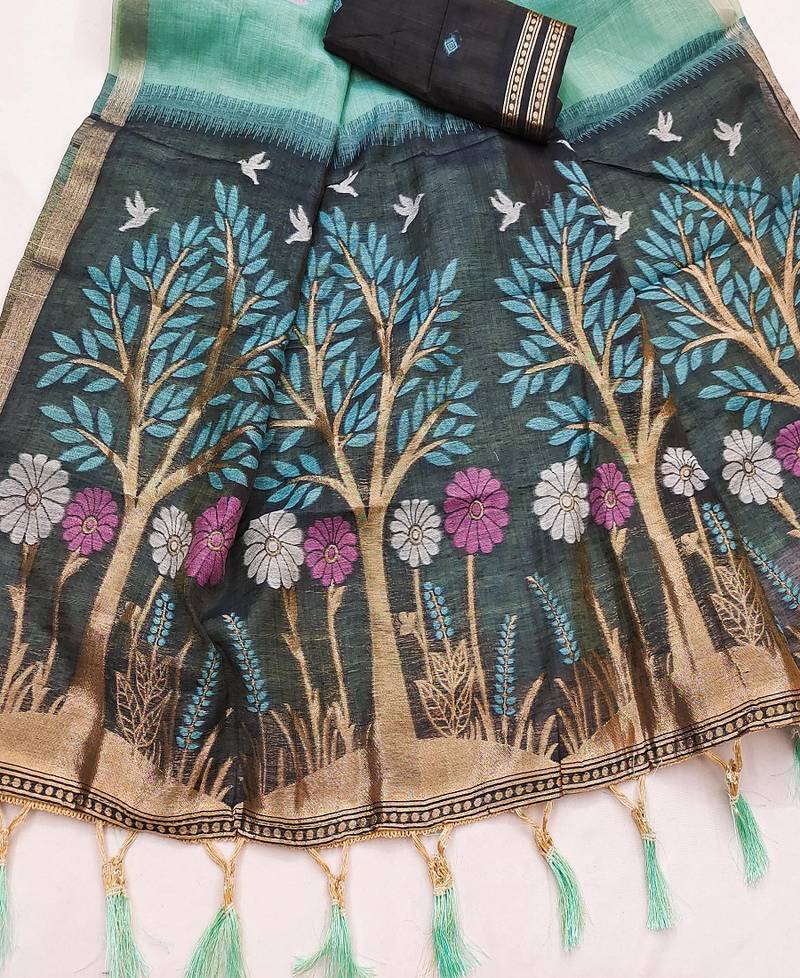 Teal Color  Meenakari  Weaving touchup Work Muga Cotton Saree 