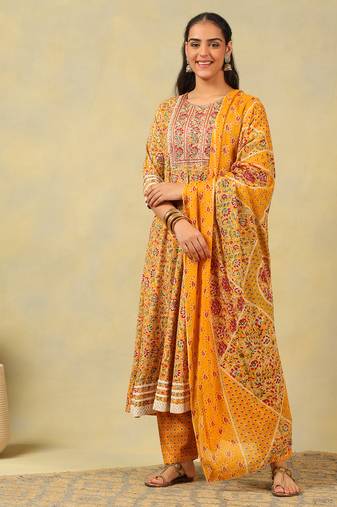 Amara mustard floral anarkali suit set