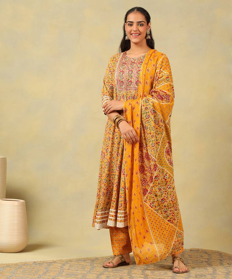 Amara mustard floral anarkali suit set