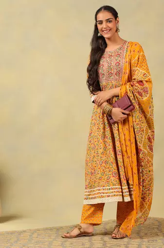 Amara mustard floral anarkali suit set