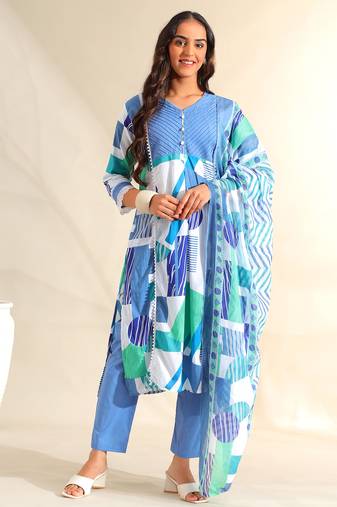 Rhea azure geometric fusion suit set