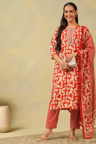Advika crimson abstract suit set