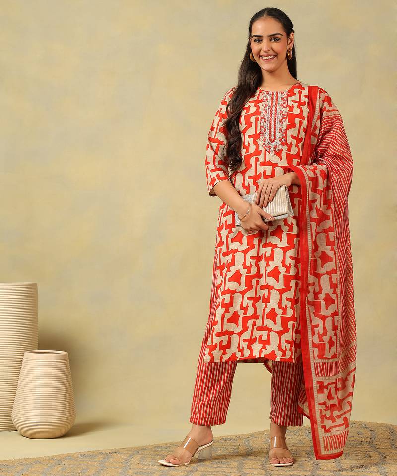 Advika crimson abstract suit set