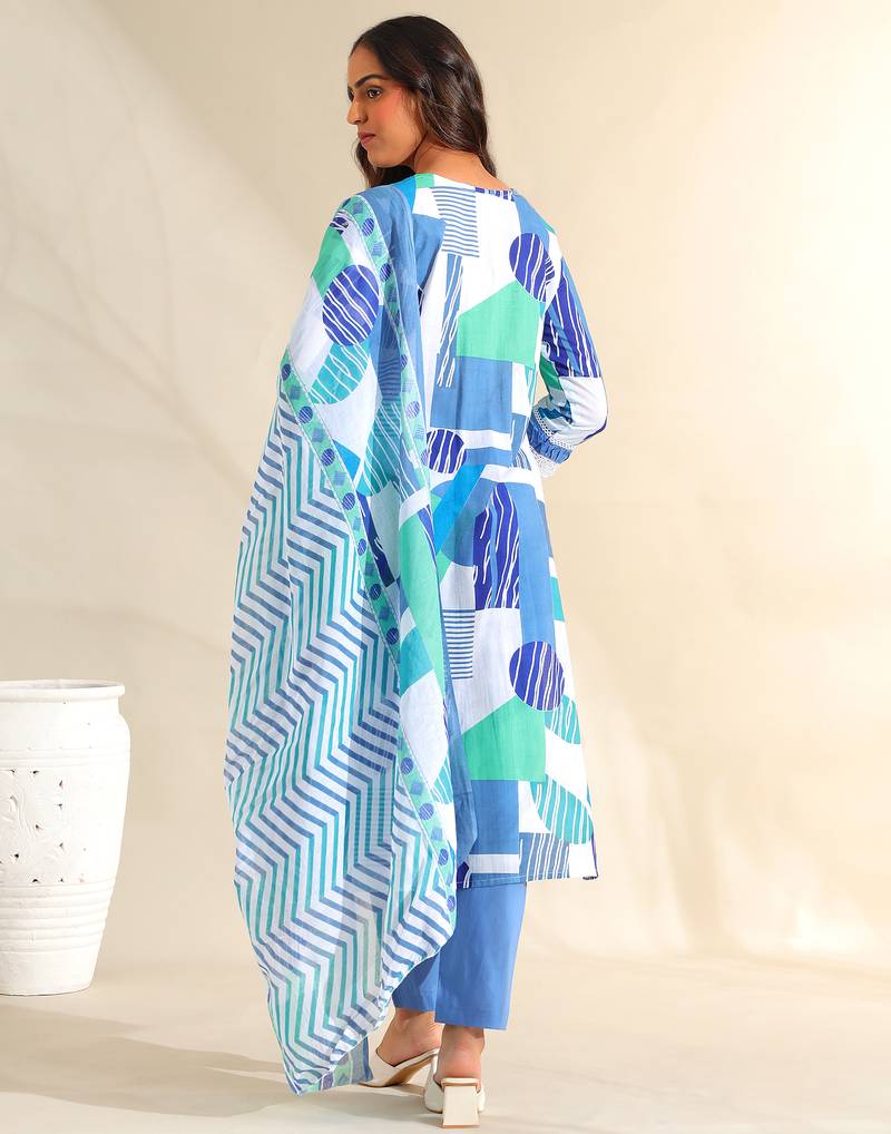 Rhea azure geometric fusion suit set