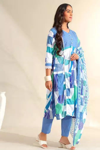 Rhea azure geometric fusion suit set