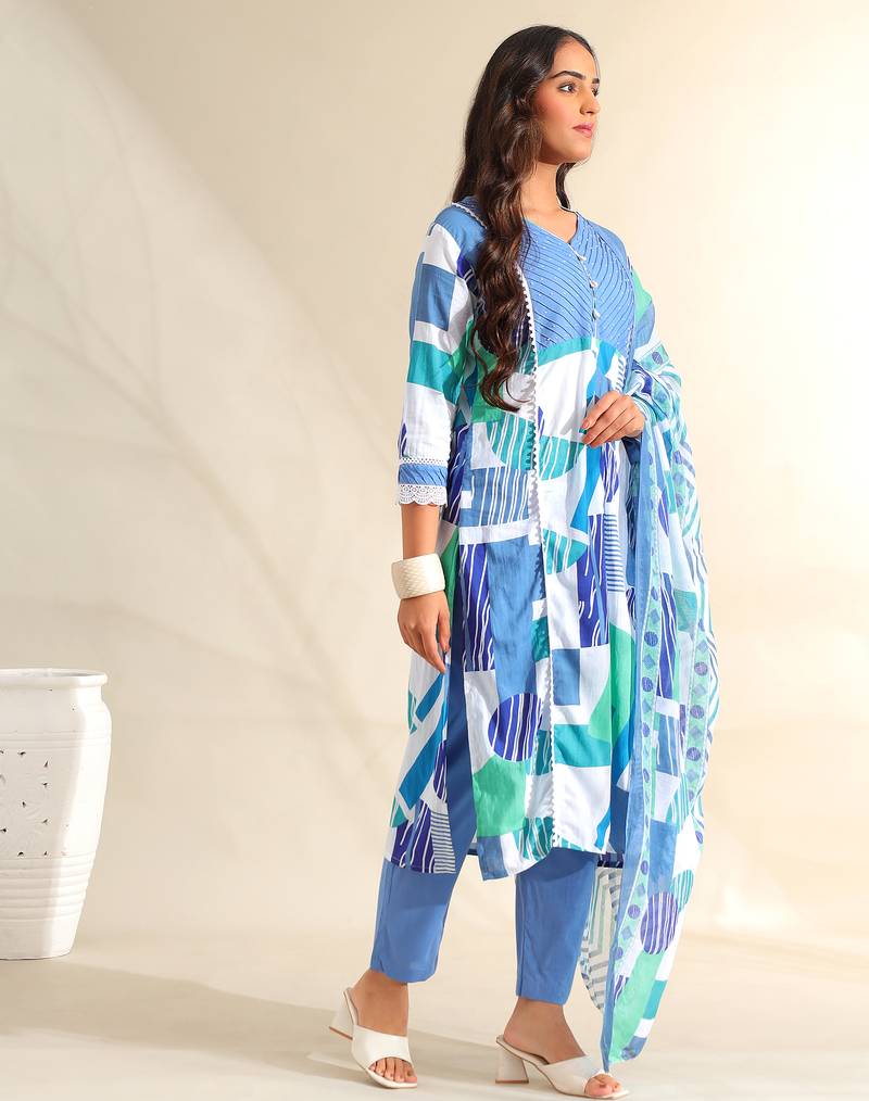 Rhea azure geometric fusion suit set
