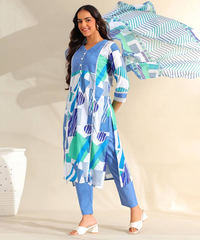 Rhea azure geometric fusion suit set