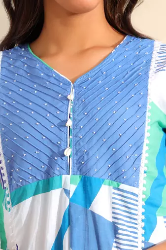 Rhea azure geometric fusion suit set