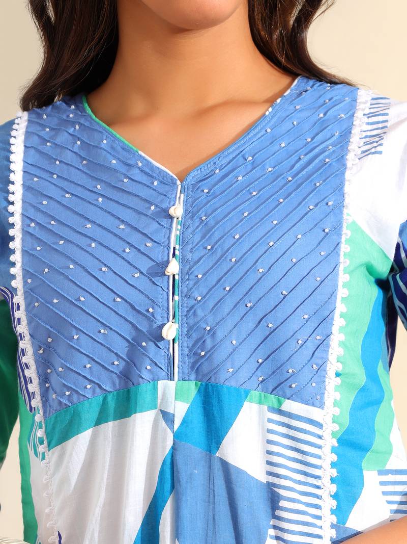 Rhea azure geometric fusion suit set