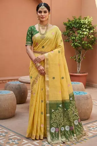 Yellow Color  Meenakari  Weaving touchup Work Muga Cotton Saree 