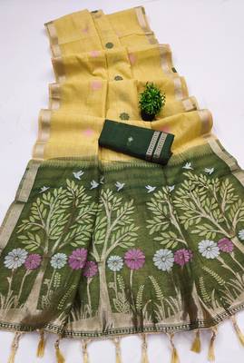 Yellow Color  Meenakari  Weaving touchup Work Muga Cotton Saree  2
