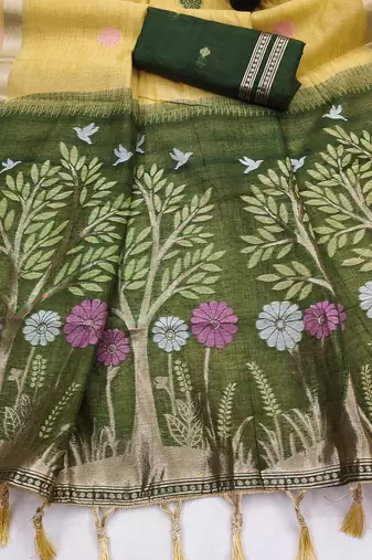 Yellow Color  Meenakari  Weaving touchup Work Muga Cotton Saree 
