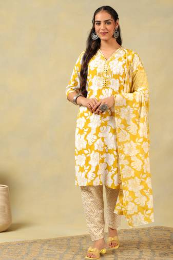 Nitara mustard lily motif kurta set