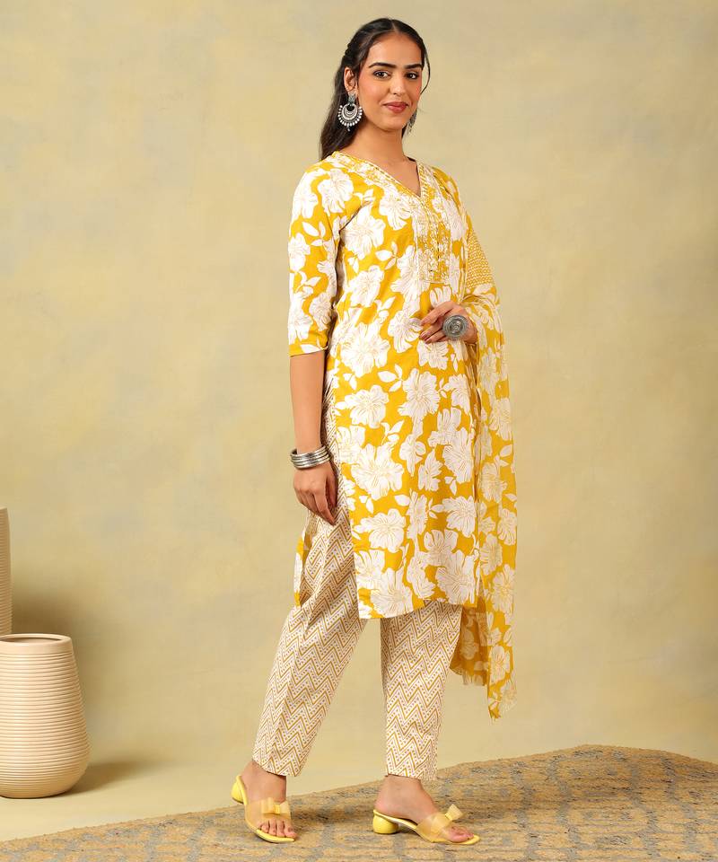 Nitara mustard lily motif kurta set