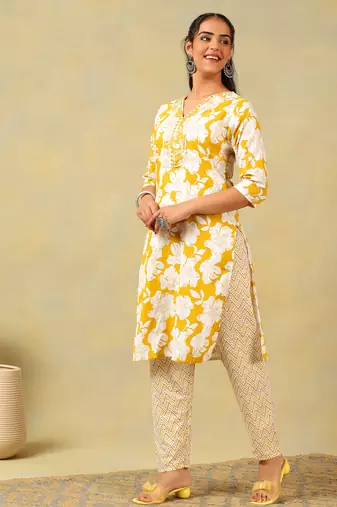 Nitara mustard lily motif kurta set