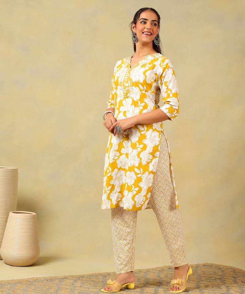 Nitara mustard lily motif kurta set