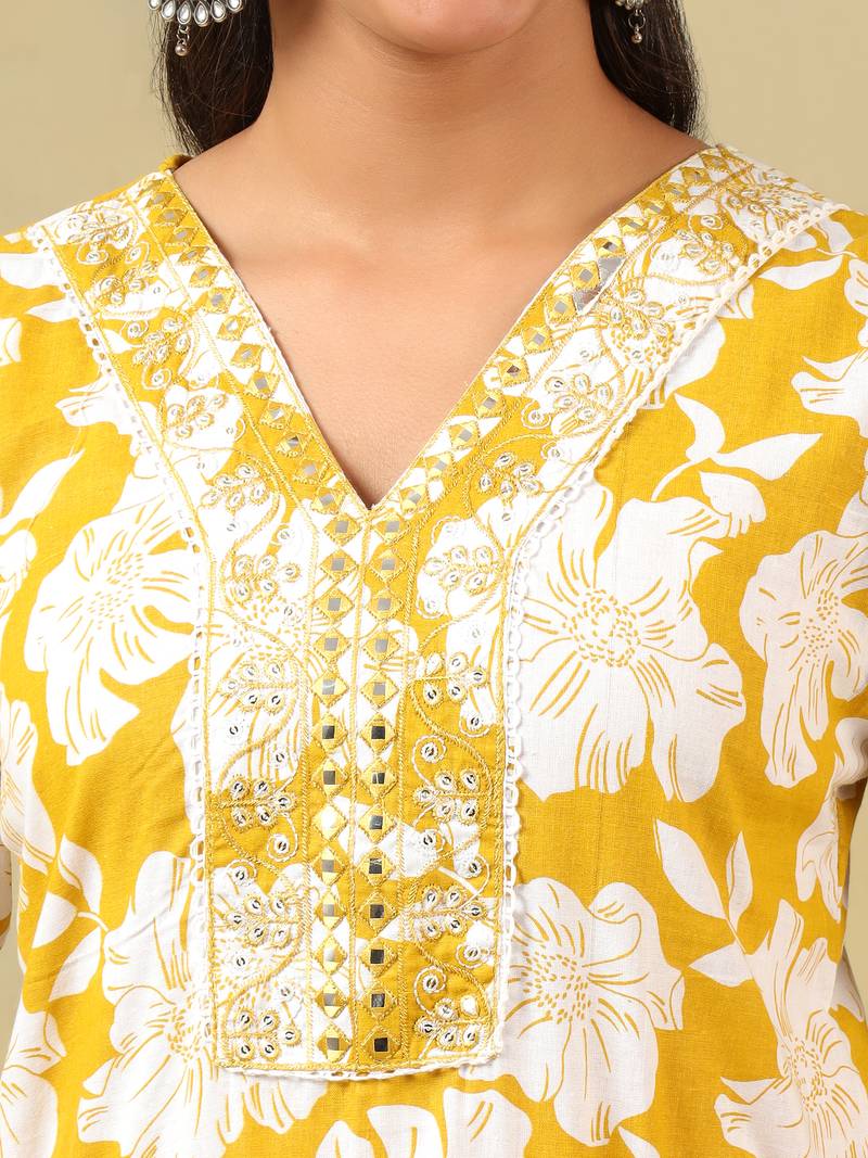 Nitara mustard lily motif kurta set