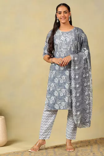 Advika slate floral bloom kurta set