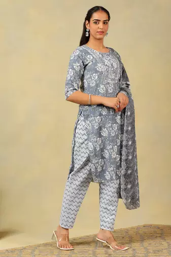 Advika slate floral bloom kurta set