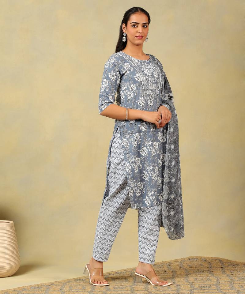 Advika slate floral bloom kurta set
