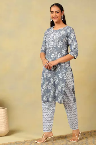 Advika slate floral bloom kurta set