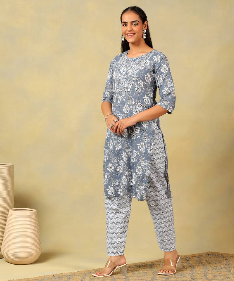Advika slate floral bloom kurta set