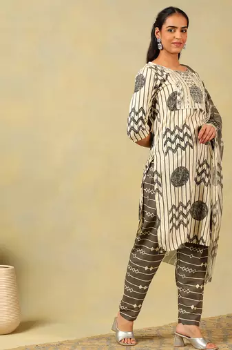 Saanvi monochrome geometric block print suit set