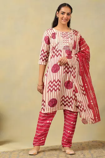 Diya crimson geometric block print suit set