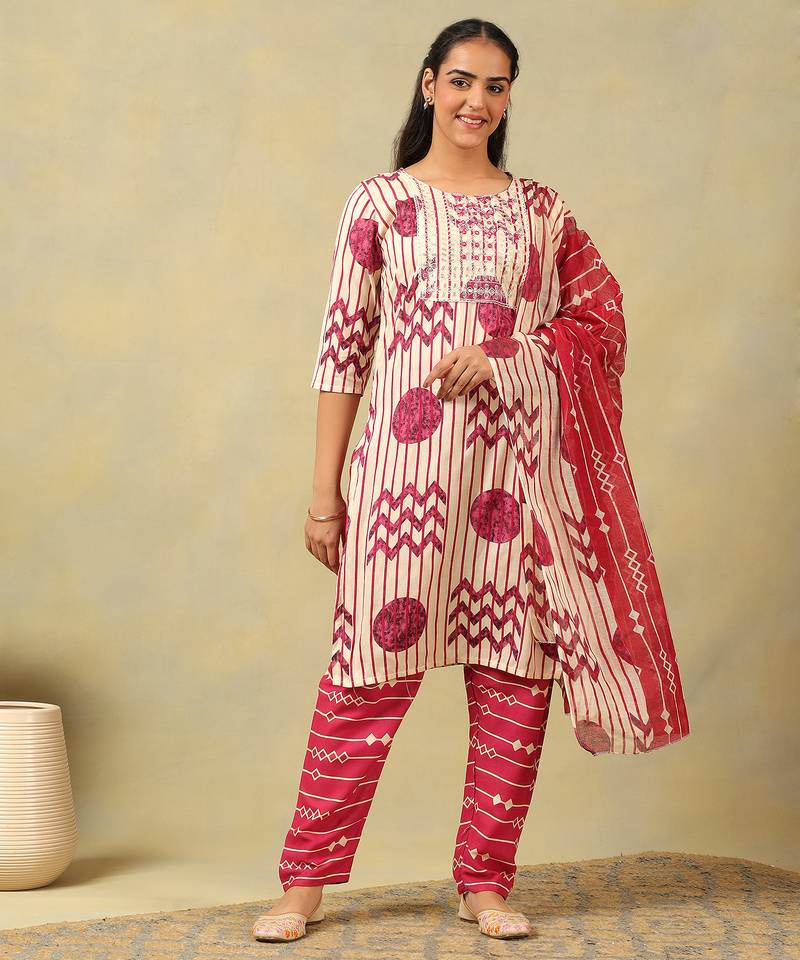 Diya crimson geometric block print suit set