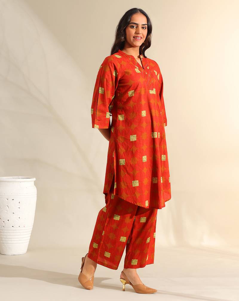 Reva rust geometric kurta set