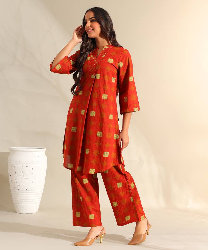 Reva rust geometric kurta set
