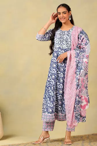 Myra navy floral bloom anarkali suit set