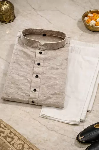 Grey color jaquard butti work jaquard silk kurta payjama set