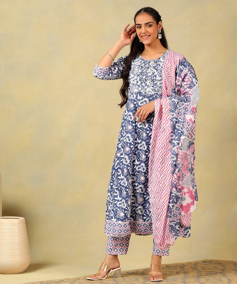 Myra navy floral bloom anarkali suit set