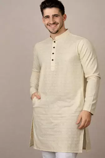 Off white color jaquard butti work jaquard silk kurta payjama set