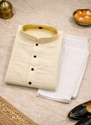 Off white color jaquard butti work jaquard silk kurta payjama set 5