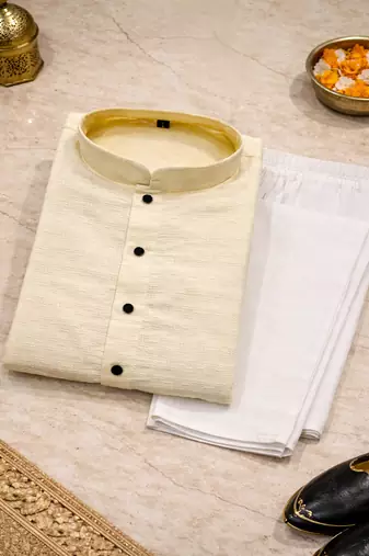Off white color jaquard butti work jaquard silk kurta payjama set