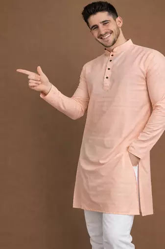 Peach color jaquard butti work jaquard silk kurta payjama set