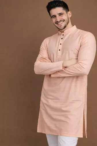Peach color jaquard butti work jaquard silk kurta payjama set