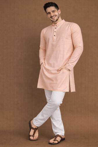 Peach color jaquard butti work jaquard silk kurta payjama set